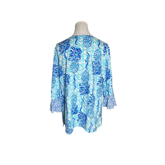 Pineapple Print Tunic Top S Bell Sleeve Blue White Boho‎ Resort Vacation Rayon - Picture 4 of 10